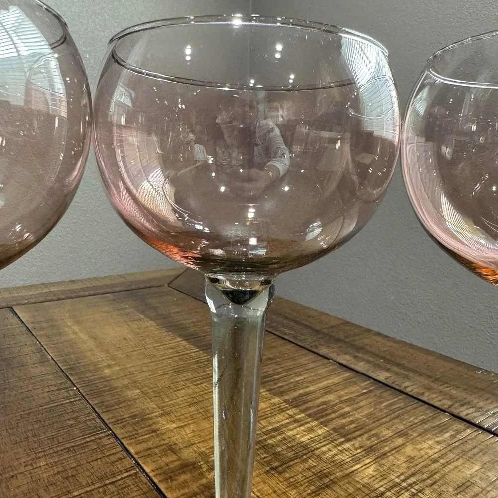 3 Vintage Pink Balloon Wine/Water‎ Hand Blown Glasses Green Stem Large 8.5
